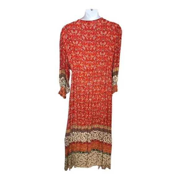 2X Long Sleeve Gauzy Rayon Red Floral Bohemian Maxi Dress Festival Gypsy - Picture 5 of 6
